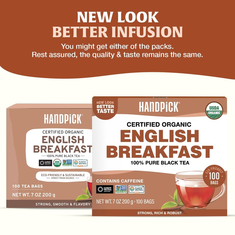 HANDPICK, Organic English Breakfast Black Tea Bags (100 Count) USDA Organic, Non-GMO | Strong, Robust, High-Caffeine Black Tea | Eco-conscious Tea Bags, Brew English Breakfast Tea & Kombucha Tea - Image 2